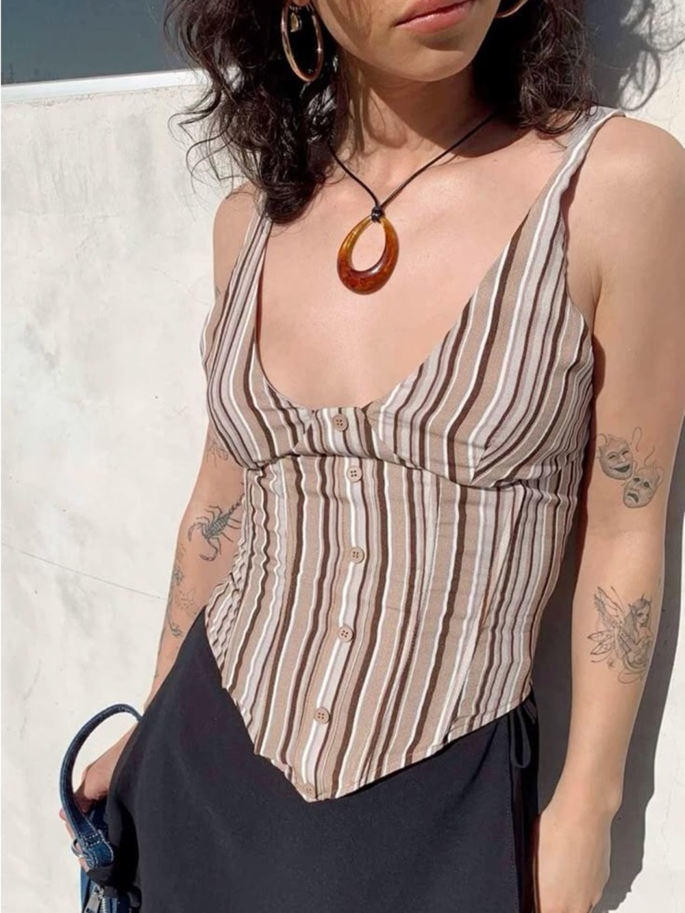 Princess Polly Striped Button-Front Corset Tank Top in Brown and Cream